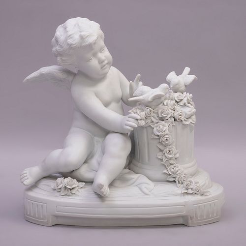Despues de W. MEYER Amorcillo con ave Francia, Siglo XX. Elaborado en porcelana acabado gres. Sellado Samson. 34 cm altura...
