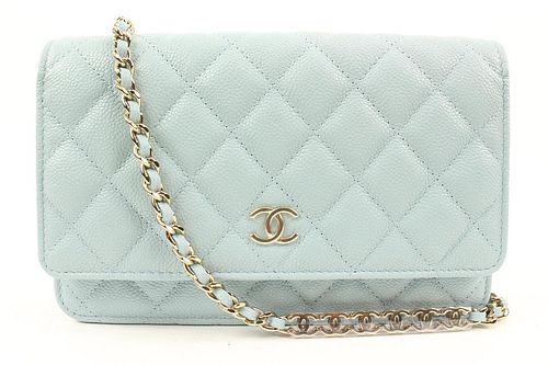 CHANEL 22P SEAFOAM BLUE QUILTED CAVIAR LEATHER WALLET ON CHAIN WOC