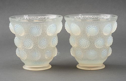 Art Deco Verlys French Opalescent Glass Vases, Pr
