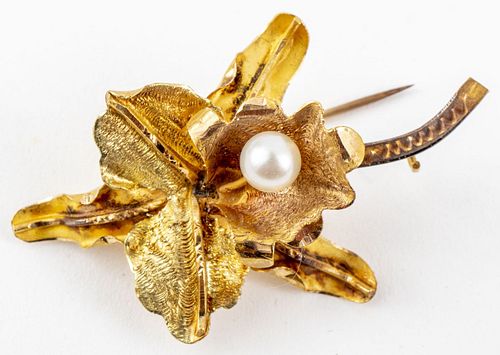 Vintage 18K Yellow Gold Pearl Orchid Brooch / Pin