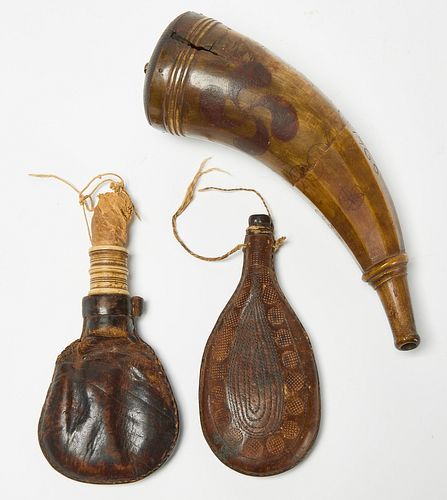 Scrimshaw Powder Horn and Leather Shot Bags