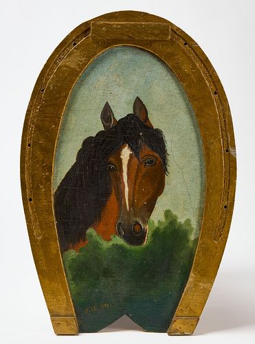 Folk Art Horse Painting - Carved Horse Shoe Frame