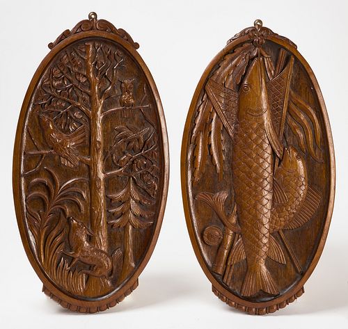 Pair of Carved Fishing and Hunting Plaques