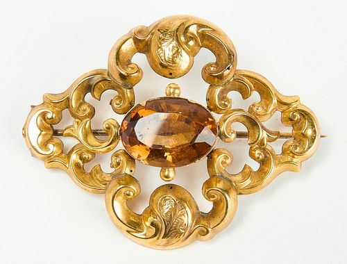 Brooch with Orange Stone in Gold Mount