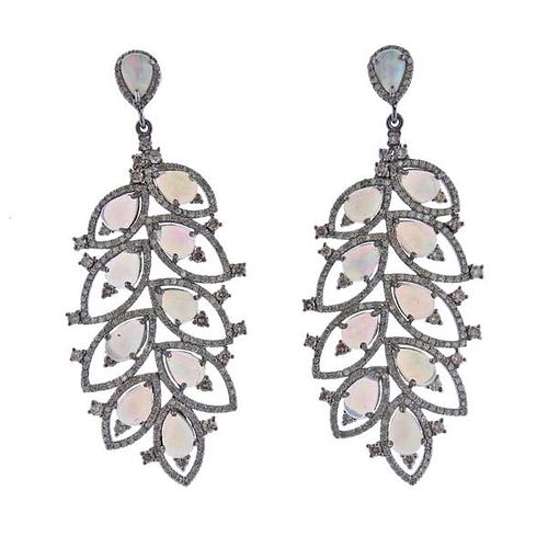 Sterling Silver Diamond Opal Earrings