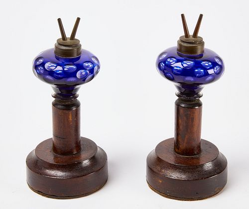 Two Cobalt Blue Whale Oil Lamps
