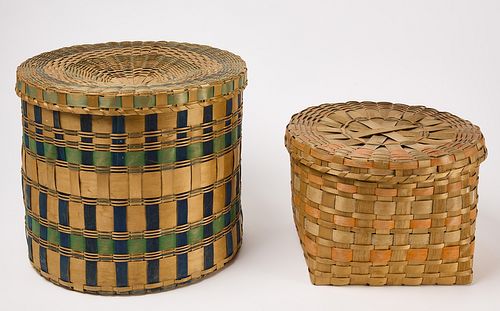 Two Covered Native Splint Baskets