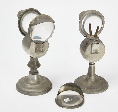 Pair of Pewter Double Lens Whale Oil Lamps