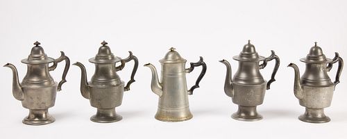 Five Dunham and Porter Pewter Coffee Pots