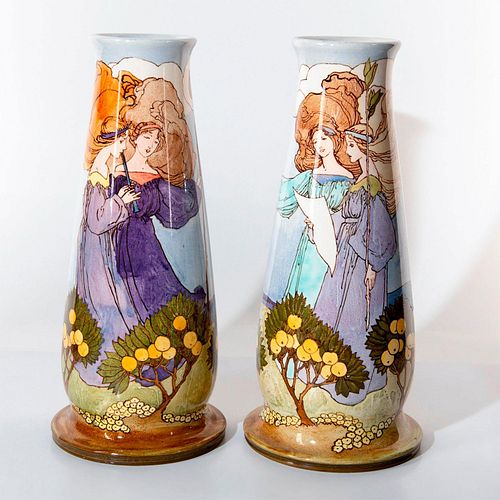 Pair of Doulton Lambeth Margaret Thompson Vases, Maidens