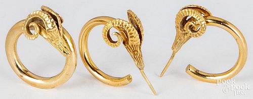 18K gold ram's head ring and matching earrings