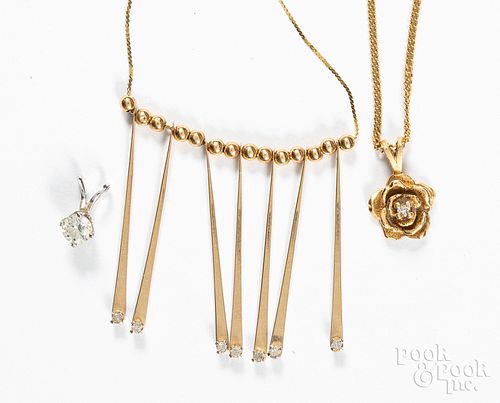 Three 14K gold and diamond necklaces