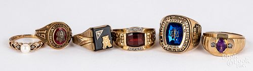 Six 10K gold and stone rings