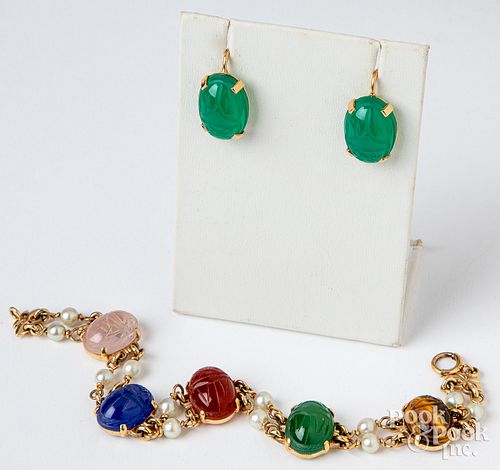 14K gold scarab bracelet and earrings
