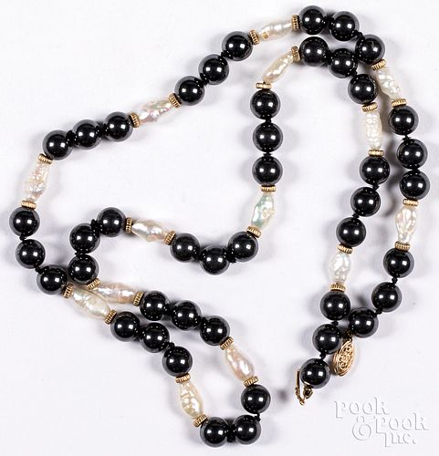 Pearl and bead necklace, with 14K gold clasp.