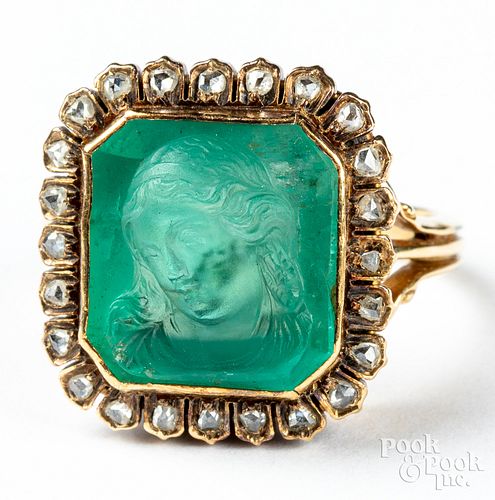 18K gold, diamond, and carved cameo ring