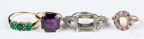Four 14K gold and stone rings