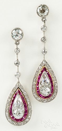 Pair of 14K gold, diamond, and ruby earrings
