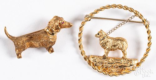 Two 14K gold dog pins