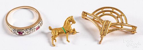 Two 14K gold pins, together with a ring