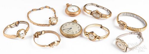 Nine antique gold filled wrist and pocket watches.