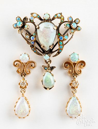 14K gold, diamond, and opal earrings