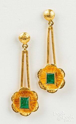 Pair of 18K gold and emerald earrings