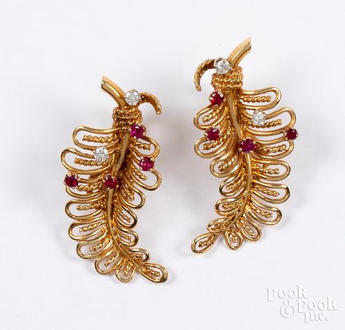 Pair of 18K gold, diamond, and ruby earrings