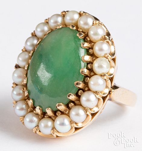 14K gold, pearl, and jade ring