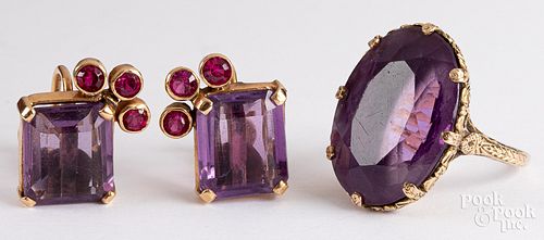 14K gold and amethyst earrings and ring