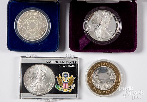 Two American Eagle 1 ozt. fine silver coins, etc.
