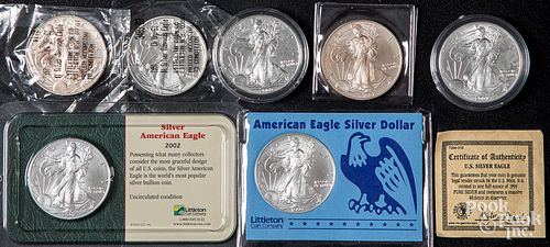 Seven American Eagle, 1 ozt. fine silver coins.