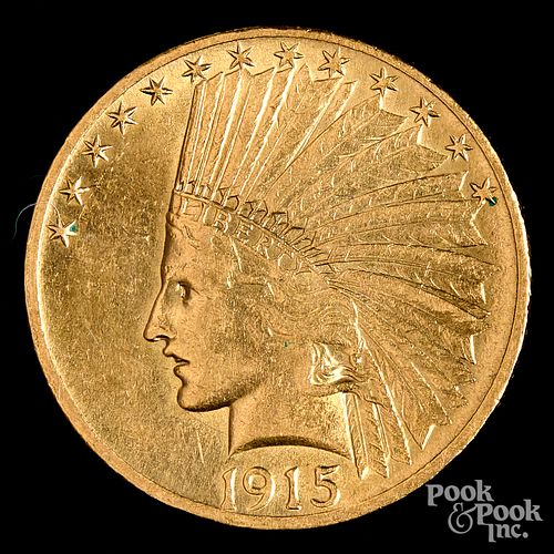 1915 Indian Head ten dollar gold coin.