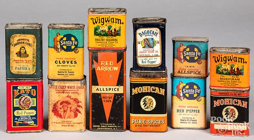 Group of twelve Native American themed spice tins