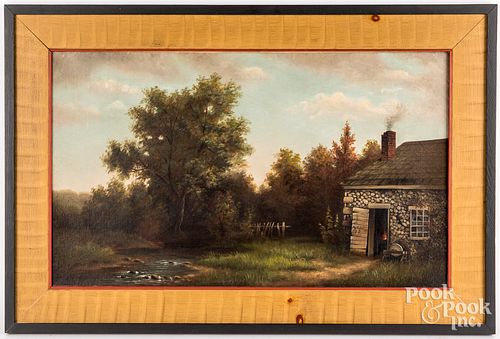 American oil on canvas landscape with cabin