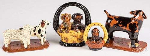Four Lester Breininger redware dog figures