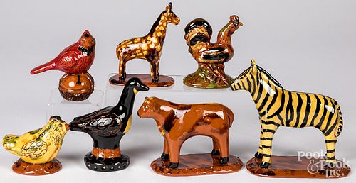 Seven Lester Breininger redware figural animals