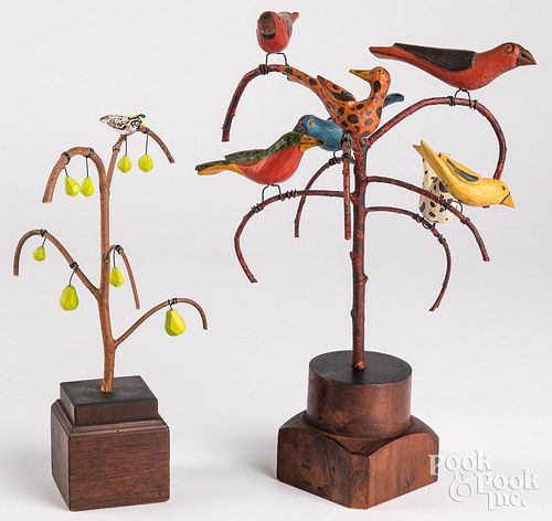 Two Jonathan Bastian carved and painted bird trees