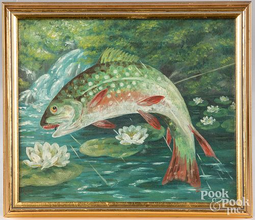 Oil on canvas of a leaping trout