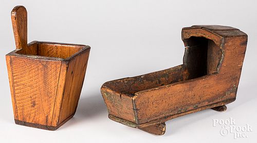 Pine wall box, 19th c., and a doll cradle