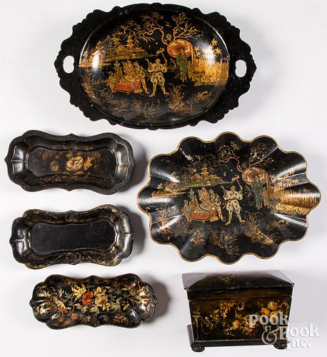 Black lacquerware, to include a tea caddy