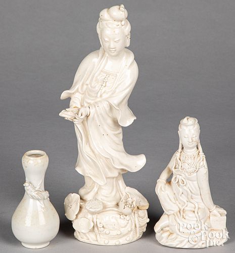 Two Chinese blanc de chin figures and a vase