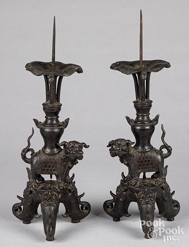 Pair of Chinese bronze pricket sticks