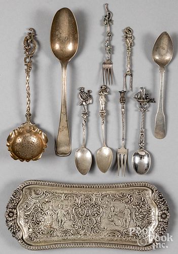 Continental silver tray and flatware