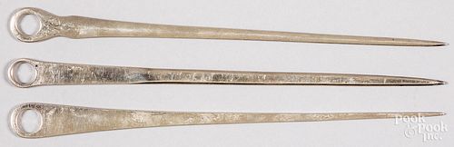 Three English silver skewers, early 19th c.
