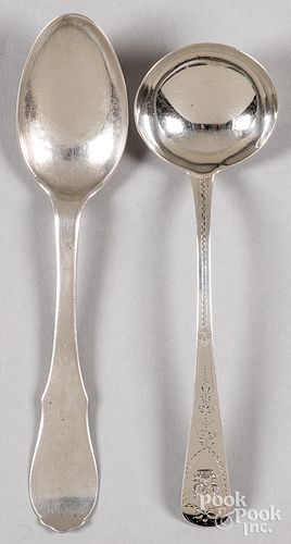 English bright cut silver ladle, and a Dutch spoon