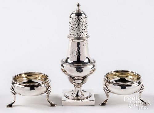 Pair of English silver salts, and a caster