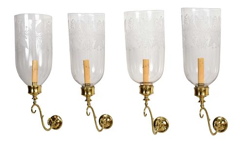 Set of Four Early Brass and Glass Wall Sconces
