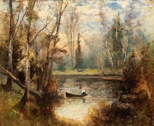 Wesley Webster (American, 19th/20th Century), Autumn Pond with a Figure in a Rowboat