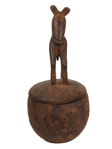 African Tribal Covered Bowl w/Large Horse Finial, Dogon, Mali